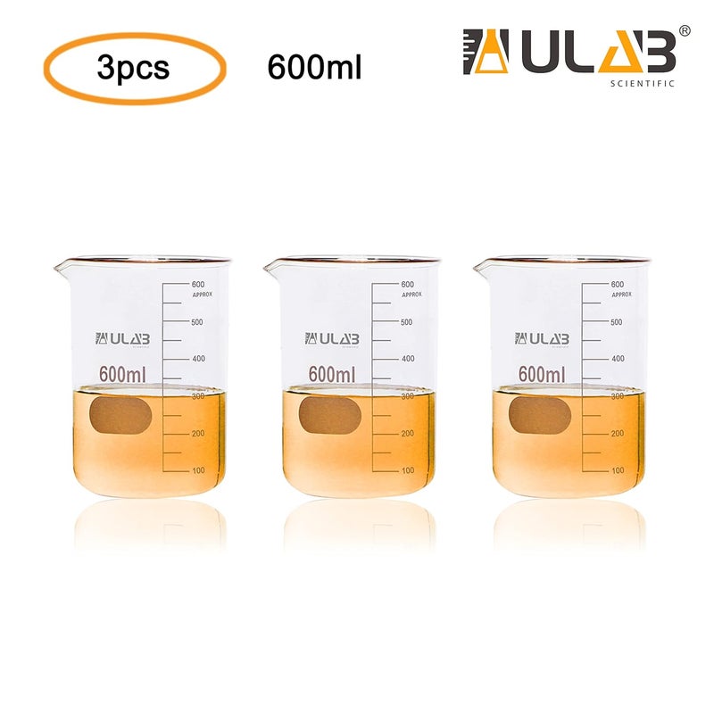 ULAB Scientific Glass Beakers, Vol. 600ml, 3.3 Borosilicate Griffin Low Form with Printed Graduation, Pack of 3, UBG1039 - Image 2